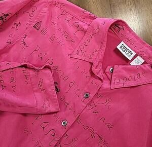 Chico’s NATIVE TRIBAL Pink UltraSuede Microfiber Button Blouse Chicos Size 2